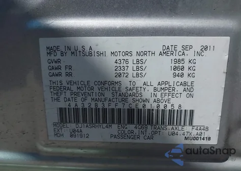 2012 Mitsubishi Galant Es/Se from USA, damaged, VIN 4A32B3FF7CE010058